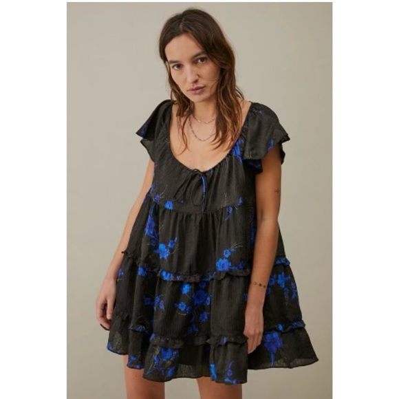 Urban Outfitters black ruffle mini dress with blue print - Picture 1 of 12
